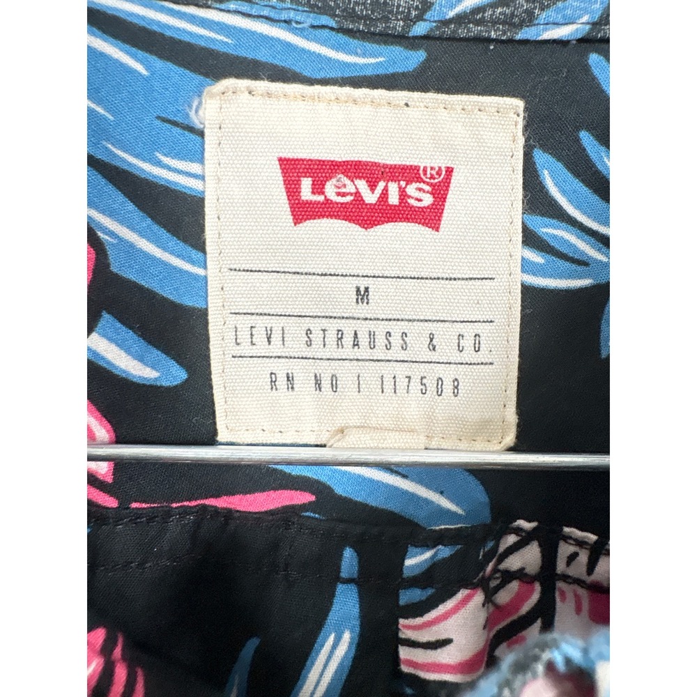 Levis Mens Medium Floral Tropical Short Sleeve Button Up Shirt Black Pink Yellow - Picture 3 of 7